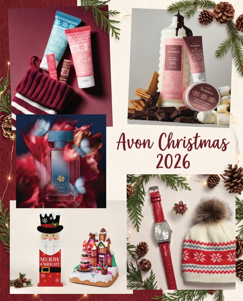 A collage featuring Avon Christmas 2026 products, including skincare items, a perfume bottle, a festive nutcracker decoration, and a red watch alongside a cozy winter hat.