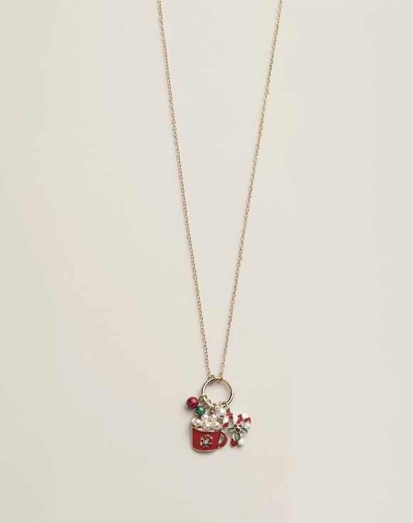 Gold chain necklace featuring a red mug charm decorated with flowers and beads.